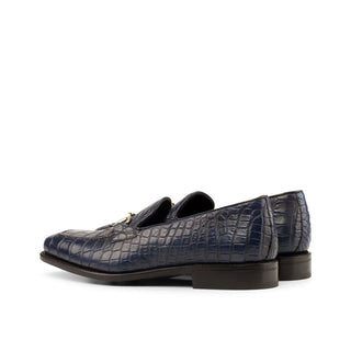 Ambrogio Men's Handmade Custom Made Shoes Navy Exotic Alligator Horsebit Loafers (AMB1083)