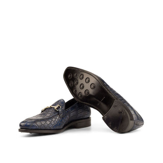 Ambrogio Men's Handmade Custom Made Shoes Navy Exotic Alligator Horsebit Loafers (AMB1083)