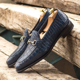 Ambrogio Men's Handmade Custom Made Shoes Navy Exotic Alligator Horsebit Loafers (AMB1083)