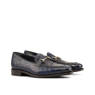 Ambrogio Men's Handmade Custom Made Shoes Navy Exotic Alligator Horsebit Loafers (AMB1083)