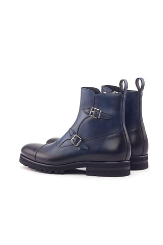 Ambrogio Men's Handmade Custom Made Shoes Navy Leather Atticus Double Buckle Boots (AMB1077)-AmbrogioShoes
