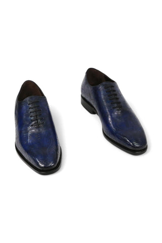 Ambrogio Men's Handmade Custom Made Shoes Ocean Blue Maori Texture Embossed / Patina Leather Wholecut Plain Oxfords (AMB1634)-AmbrogioShoes