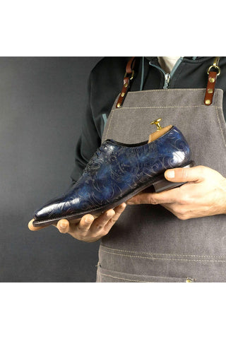 Ambrogio Men's Handmade Custom Made Shoes Ocean Blue Maori Texture Embossed / Patina Leather Wholecut Plain Oxfords (AMB1634)-AmbrogioShoes
