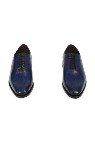 Ambrogio Men's Handmade Custom Made Shoes Ocean Blue Maori Texture Embossed / Patina Leather Wholecut Plain Oxfords (AMB1634)-AmbrogioShoes