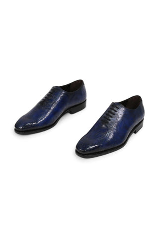 Ambrogio Men's Handmade Custom Made Shoes Ocean Blue Maori Texture Embossed / Patina Leather Wholecut Plain Oxfords (AMB1634)-AmbrogioShoes