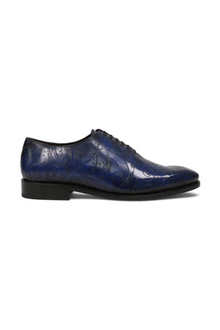 Ambrogio Men's Handmade Custom Made Shoes Ocean Blue Maori Texture Embossed / Patina Leather Wholecut Plain Oxfords (AMB1634)-AmbrogioShoes