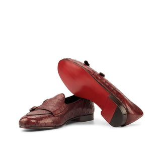 Ambrogio Men's Handmade Custom Made Shoes Red Ostrich Monk Slipper Loafers (AMB1106)