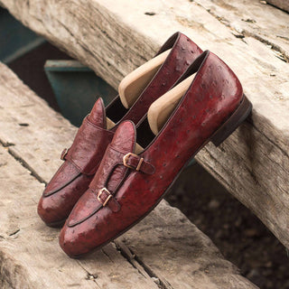 Ambrogio Men's Handmade Custom Made Shoes Red Ostrich Monk Slipper Loafers (AMB1106)