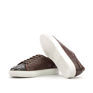 Ambrogio Men's Handmade Custom Made Shoes Two-Tone Brown Ostrich-Skin Casual Trainer Sneakers (AMB1079)
