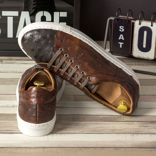 Ambrogio Men's Handmade Custom Made Shoes Two-Tone Brown Ostrich-Skin Casual Trainer Sneakers (AMB1079)