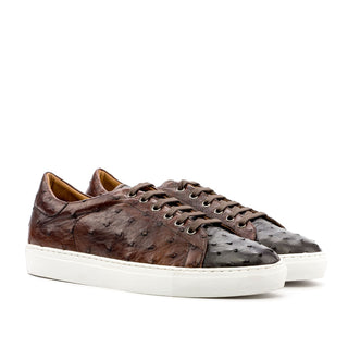 Ambrogio Men's Handmade Custom Made Shoes Two-Tone Brown Ostrich-Skin Casual Trainer Sneakers (AMB1079)