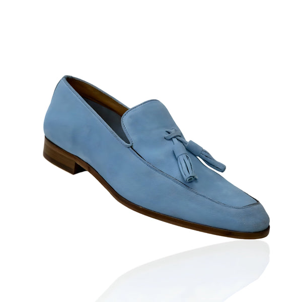 Ambrogio Men's Shoes Blue Suede Leather Tassels Loafers (AMZ1002)-AmbrogioShoes