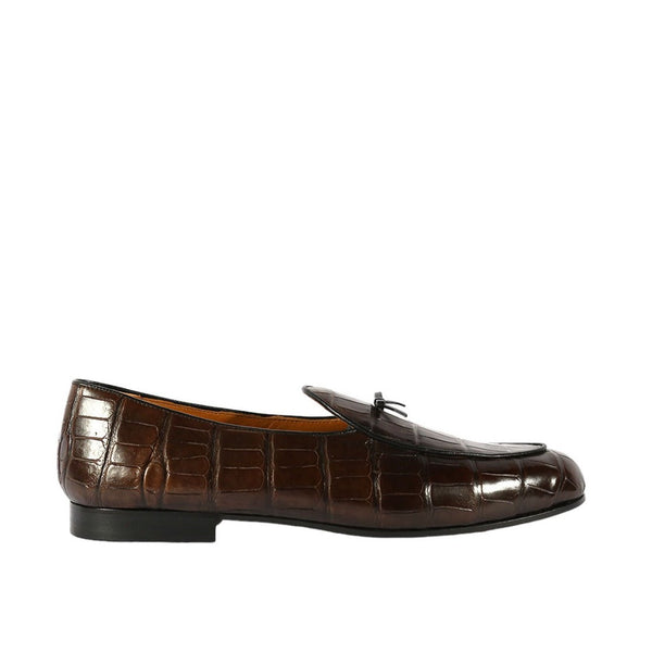 Ambrogio Men's Shoes Brown Exotic Alligator Slip-On Belgian Loafers (AMBS2001)-AmbrogioShoes