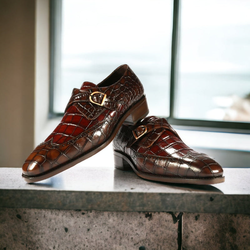 Ambrogio Men's Shoes Dark Brown & Burgundy Crocodile Print / Calf-Skin Leather Monk-Strap Loafers (AMBX1001)-AmbrogioShoes