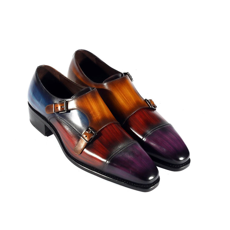 Ambrogio Custom Men's Shoes Purple, Brown, Navy & Camel Patina Leather Monk-Straps Loafers (AMBX1000)-AmbrogioShoes