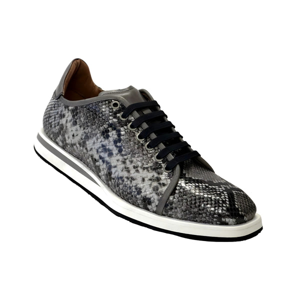Ambrogio Men's Shoes White & Gray Snake-Print Leather Casual Sneakers (AMZ1008)-AmbrogioShoes