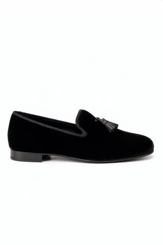 Black velvet and leather Ambrogio Milano 2 tassel loafer with a round toe and low heel.