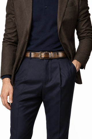 Ambrogio Music Tobacco Patina Leather Hampton Men's Belt (AMBB1041)-AmbrogioShoes