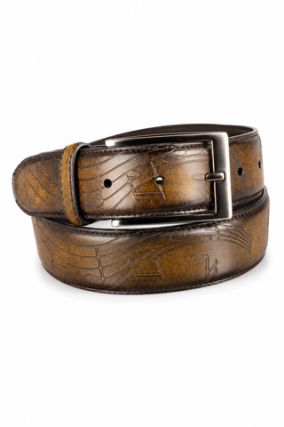 Ambrogio Music Tobacco Patina Leather Hampton Men's Belt (AMBB1041)-AmbrogioShoes