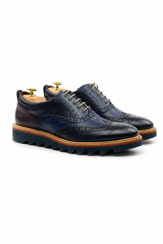 Ambrogio Navy & Cherry Lizard Print / Calf-Skin Leather Wingtip Oxfords (AMBS2039-RTW)-AmbrogioShoes