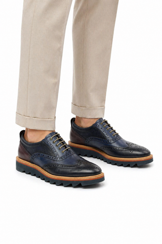 Ambrogio Navy & Cherry Lizard Print / Calf-Skin Leather Wingtip Oxfords (AMBS2039-RTW)-AmbrogioShoes