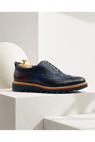 Ambrogio Navy & Cherry Lizard Print / Calf-Skin Leather Wingtip Oxfords (AMBS2039-RTW)-AmbrogioShoes