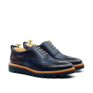 Ambrogio Navy & Cherry Lizard Print / Calf-Skin Leather Wingtip Oxfords (AMBS2039-RTW)-AmbrogioShoes
