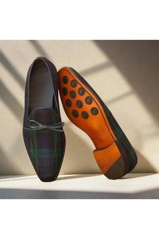 Ambrogio Navy & Green Blackwatch Sartorial / Leather Loafers (AMB1358)-AmbrogioShoes