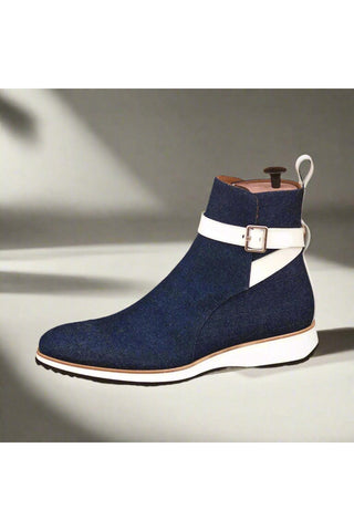 Ambrogio Navy & White Jeans / Leather Jodhpur Boots (AMB1362)-AmbrogioShoes