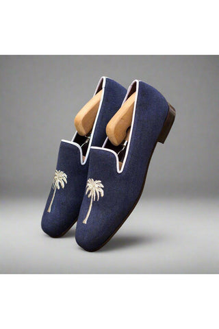 Ambrogio Navy & White Linen Fabric Wellington Loafers (AMB1324)-AmbrogioShoes