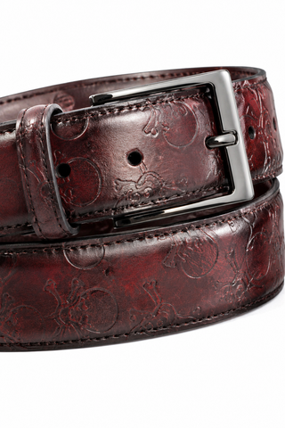 Ambrogio Skull Burgundy Patina Leather Hampton Men's Belt (AMBB1039)-AmbrogioShoes