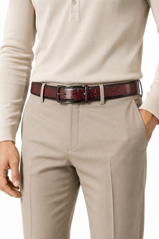 Ambrogio Skull Burgundy Patina Leather Hampton Men's Belt (AMBB1039)-AmbrogioShoes