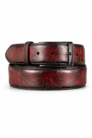 Ambrogio Skull Burgundy Patina Leather Hampton Men's Belt (AMBB1039)-AmbrogioShoes
