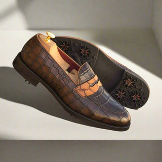 Ambrogio Two-Tone Brown Crocodile Embossed / Leather Penny Loafers (AMB2057)