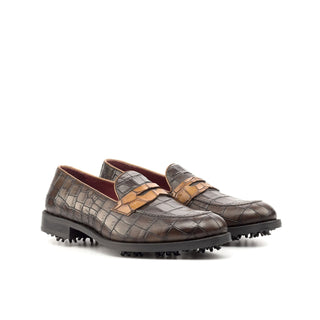 Ambrogio Two-Tone Brown Crocodile Embossed / Leather Penny Loafers (AMB2057)