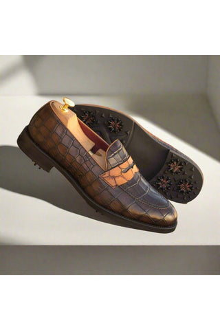 Ambrogio Two-Tone Brown Crocodile Print / Calf-Skin Leather Penny Loafers (AMB2057)-AmbrogioShoes