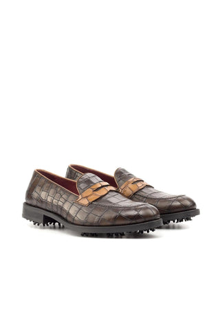 Ambrogio Two-Tone Brown Crocodile Print / Calf-Skin Leather Penny Loafers (AMB2057)-AmbrogioShoes