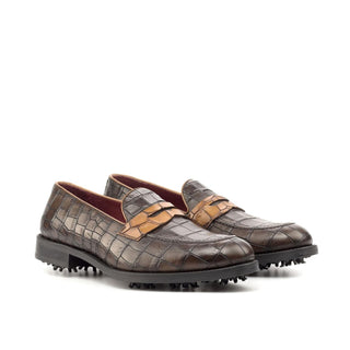 Ambrogio Two-Tone Brown Crocodile Print / Calf-Skin Leather Penny Loafers (AMB2057)-AmbrogioShoes