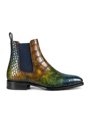 Ambrogio Vittorio Spectrum Patina Leather Chelsea Boot with multi-tone crocodile print and jungle finish.