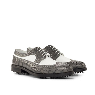 Ambrogio White & Gray Crocodile Embossed / Leather Wingtip Oxfords (AMB2087)
