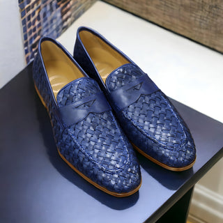 Ambrogio by Mezlan Solomeo 21101 Men's Shoes Navy Woven Leather Penny Slip-On Loafers (AMZ1012)-AmbrogioShoes