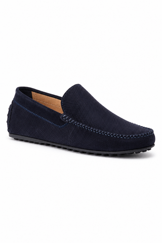 Navy Andre Assous Chris perforated suede loafer with rubber outsole and genuine suede leather for style and comfort.