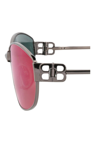 Balenciaga unisex square sunglasses in shiny dark ruthenium metal with violet lenses and signature BB logo temples.