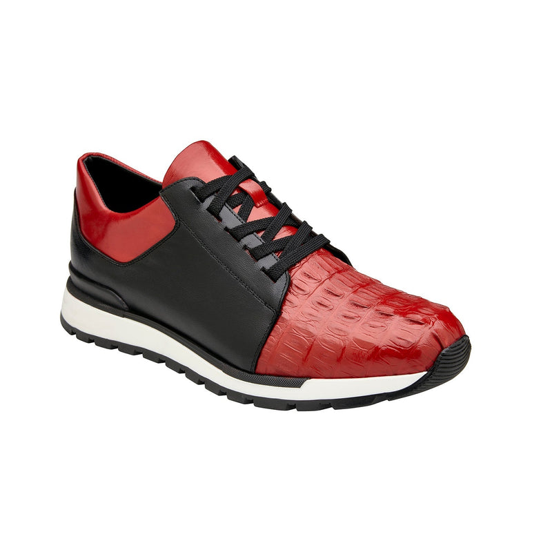 Belvedere 33631 Titan Men's Shoes Black & Red Exotic Caiman Crocodile / Calf-Skin Leather Casual Sneakers (BV3168)-AmbrogioShoes