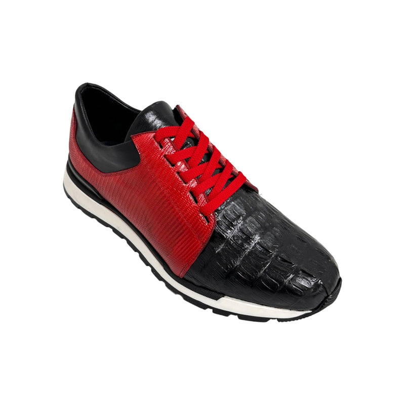 Belvedere 33631 Titan Men's Shoes Black & Red Exotic Caiman Crocodile / Lizard Casual Sneakers (BV3144)-AmbrogioShoes