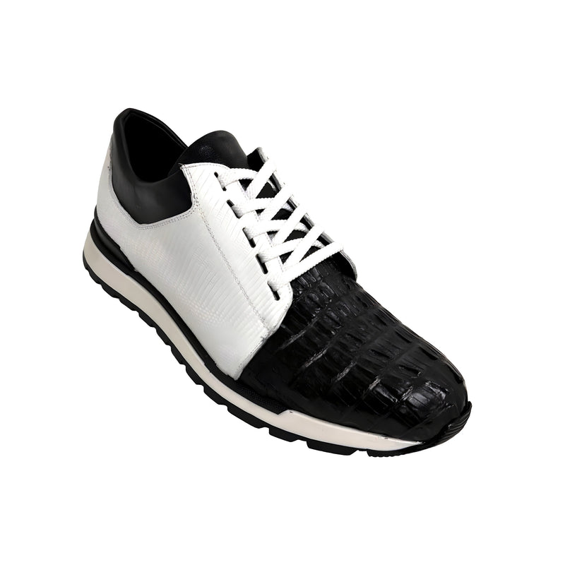 Belvedere 33631 Titan Men's Shoes Black & White Exotic Caiman Crocodile / Lizard Casual Sneakers (BV3145)-AmbrogioShoes