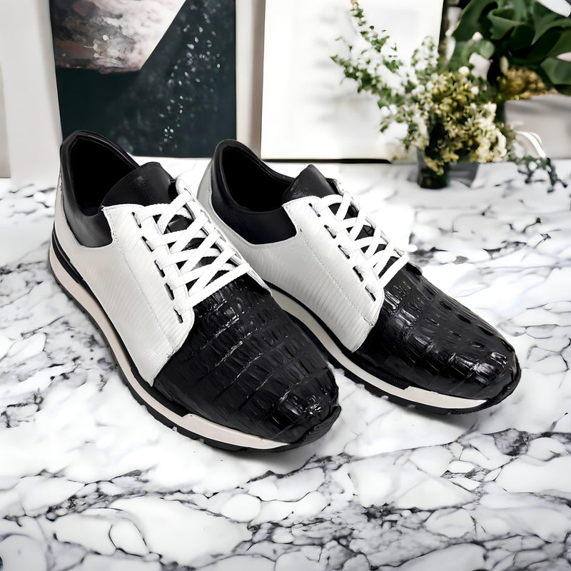 Belvedere 33631 Titan Men's Shoes Black & White Exotic Caiman Crocodile / Lizard Casual Sneakers (BV3145)-AmbrogioShoes