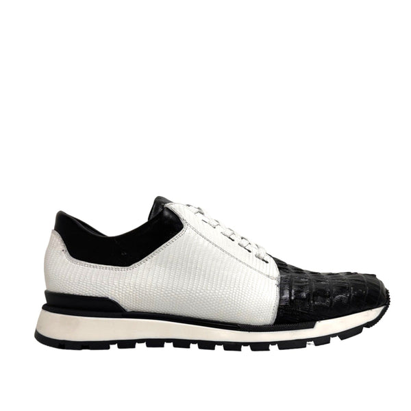 Belvedere 33631 Titan Men's Shoes Black & White Exotic Caiman Crocodile / Lizard / Calf-Skin Leather Casual Sneakers (BV3145)-AmbrogioShoes