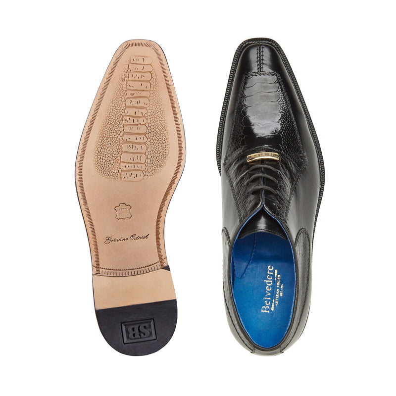 Belvedere Biagio B13 Men's Shoes Black Exotic Ostrich / Calf-Skin Leather Split-Toe Oxfords (BV3115)-AmbrogioShoes