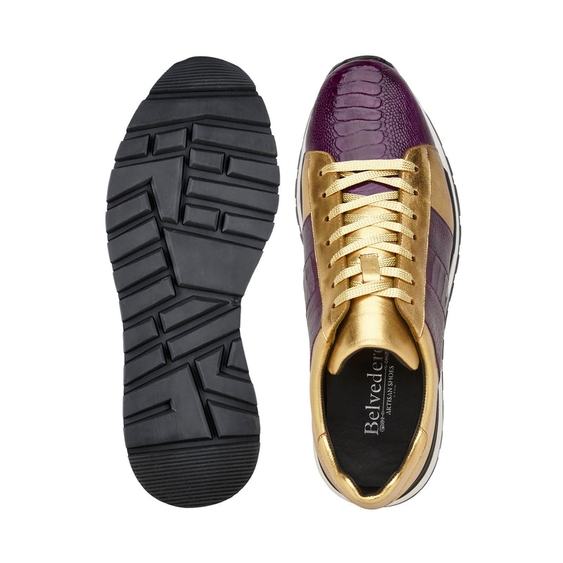 Belvedere Blake 33629 Shoes Men's Purple & Gold Exotic Genuine Ostrich / Calf-Skin Leather Casual Sneakers (BV3167)-AmbrogioShoes